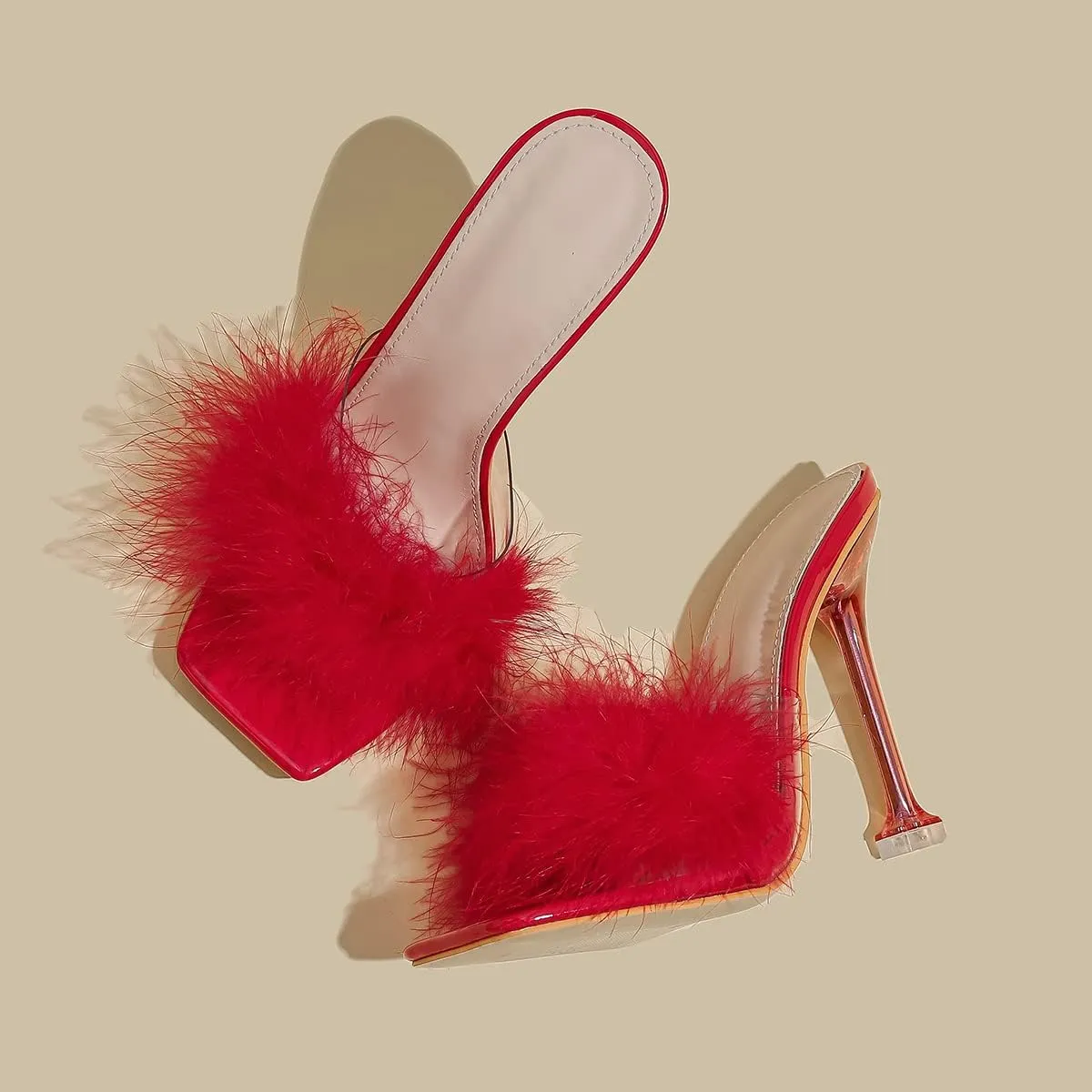 Women White Feather Clear PVC Slippers Square Toe Stilettos Slides Transparent Crystal High Heels Sandals Mules Party Shoes Glass Heels
