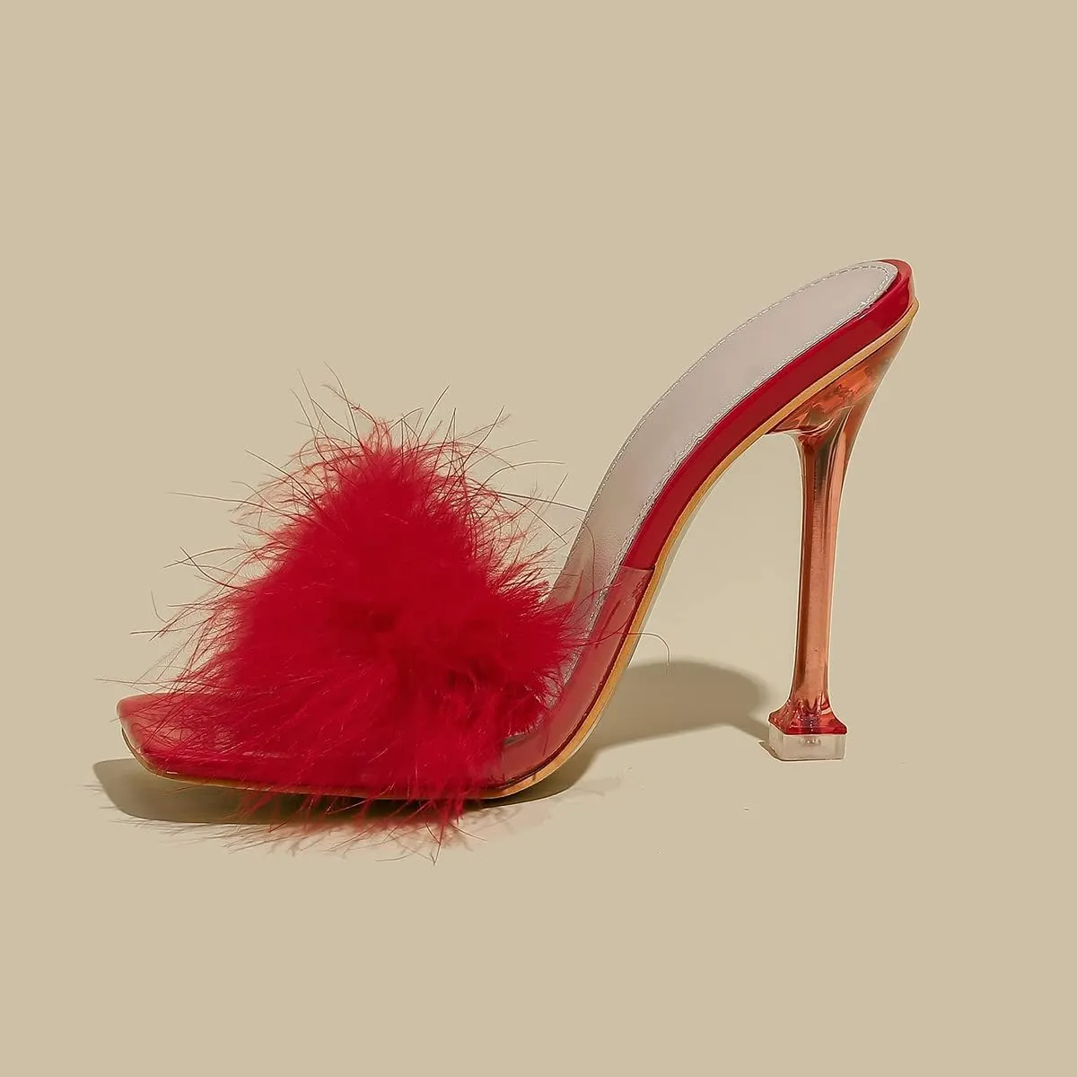 Women White Feather Clear PVC Slippers Square Toe Stilettos Slides Transparent Crystal High Heels Sandals Mules Party Shoes Glass Heels