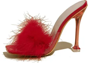 Women White Feather Clear PVC Slippers Square Toe Stilettos Slides Transparent Crystal High Heels Sandals Mules Party Shoes Glass Heels