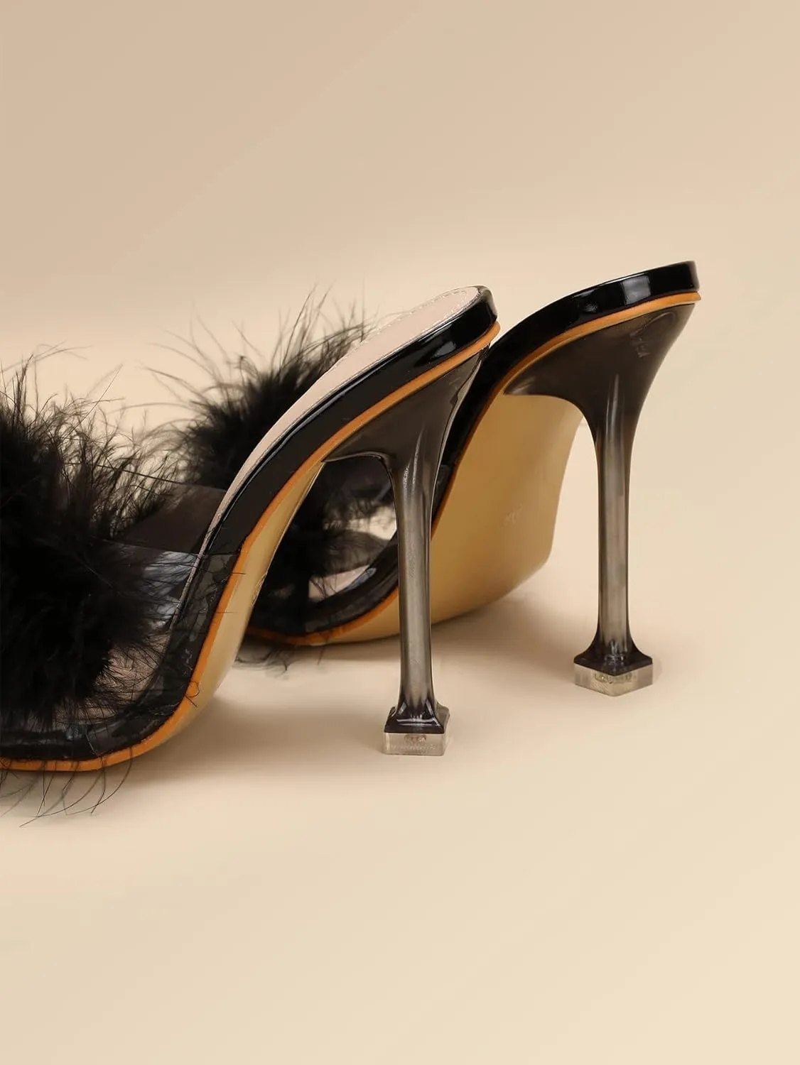 Women White Feather Clear PVC Slippers Square Toe Stilettos Slides Transparent Crystal High Heels Sandals Mules Party Shoes Glass Heels