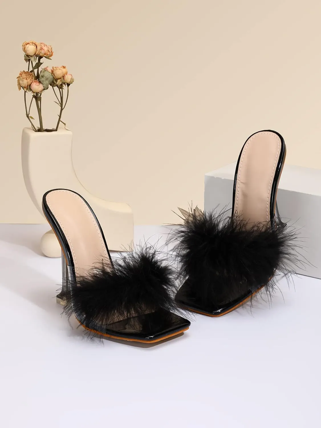 Women White Feather Clear PVC Slippers Square Toe Stilettos Slides Transparent Crystal High Heels Sandals Mules Party Shoes Glass Heels