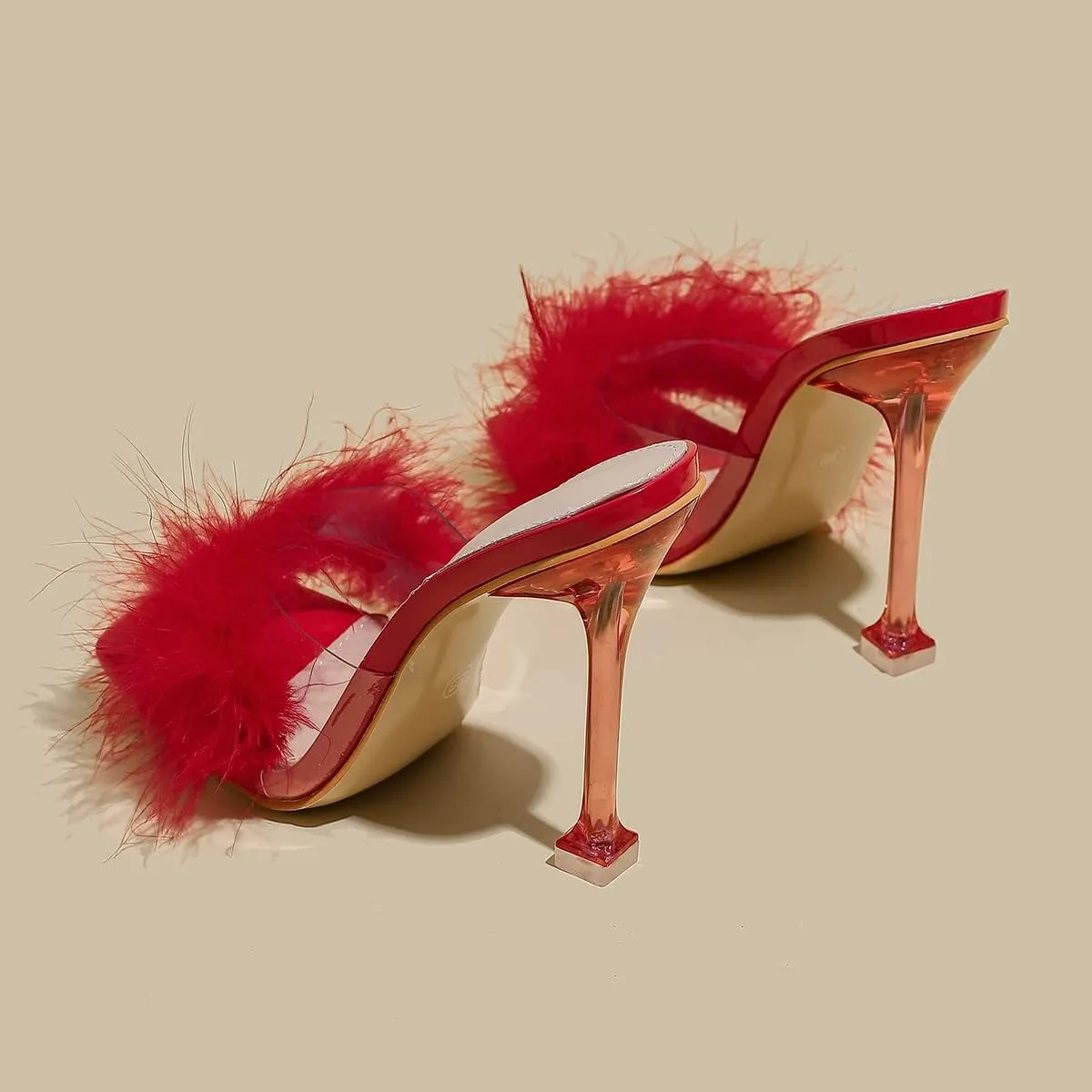 Women White Feather Clear PVC Slippers Square Toe Stilettos Slides Transparent Crystal High Heels Sandals Mules Party Shoes Glass Heels
