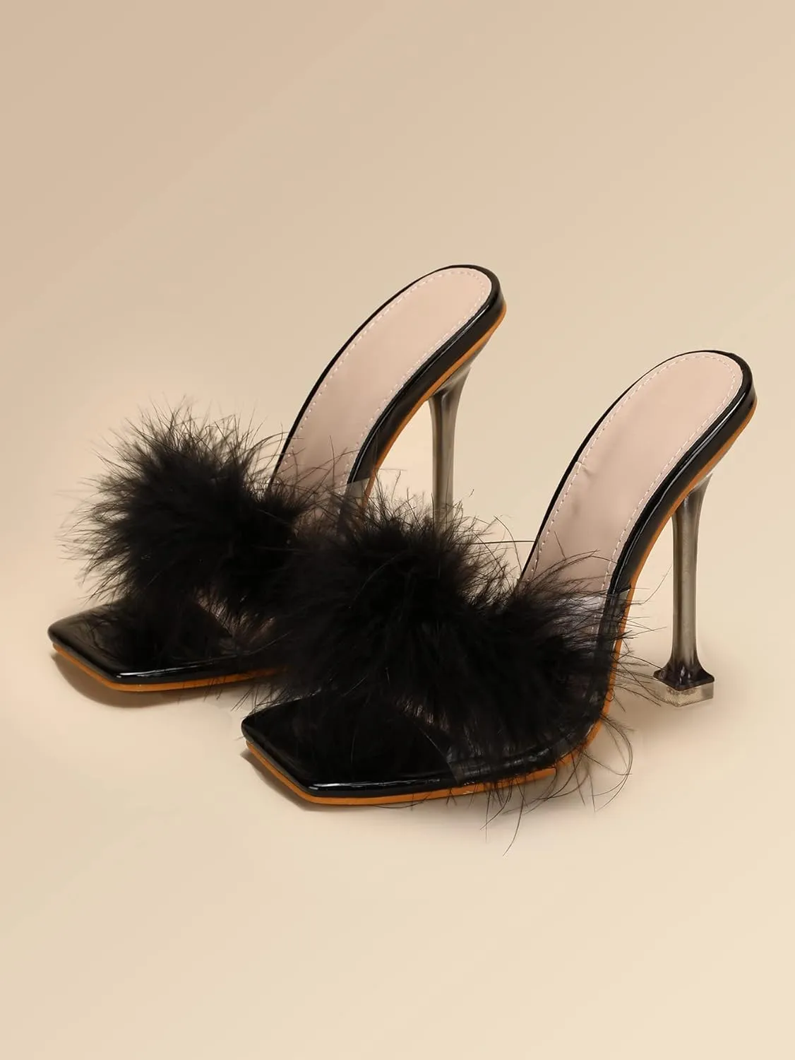 Women White Feather Clear PVC Slippers Square Toe Stilettos Slides Transparent Crystal High Heels Sandals Mules Party Shoes Glass Heels
