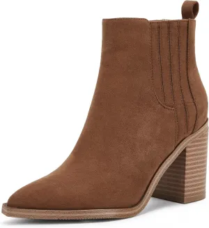 Womens Ankle Boots Slip on Pointed Toe Chunky Block Mid Heel Leather Elastic Panel Casual Chelsea Western Booties