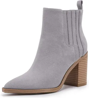 Womens Ankle Boots Slip on Pointed Toe Chunky Block Mid Heel Leather Elastic Panel Casual Chelsea Western Booties