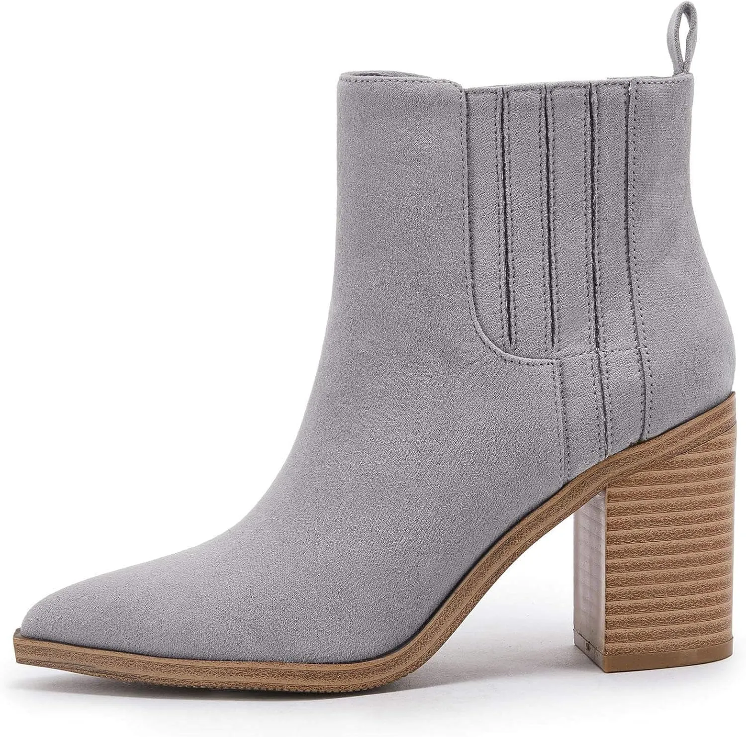 Womens Ankle Boots Slip on Pointed Toe Chunky Block Mid Heel Leather Elastic Panel Casual Chelsea Western Booties