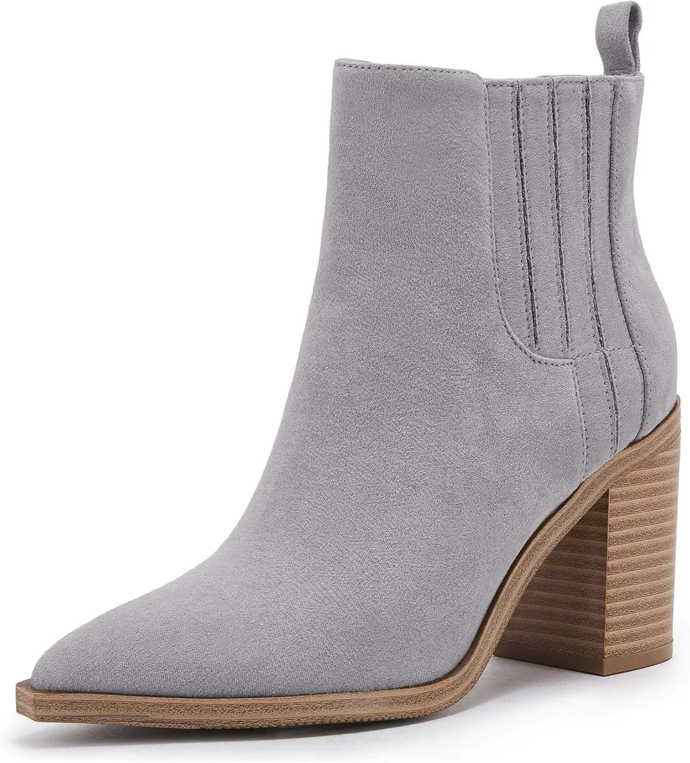 Womens Ankle Boots Slip on Pointed Toe Chunky Block Mid Heel Leather Elastic Panel Casual Chelsea Western Booties