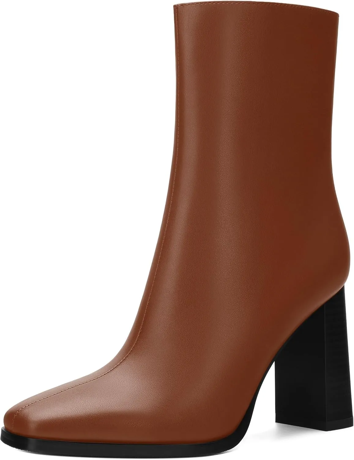 Womens Ankle Boots, Square Toe High Heel Short Boots for Women, Fashion Chunky Heel Mid Calf Boots with Side Zipper 3.5 In