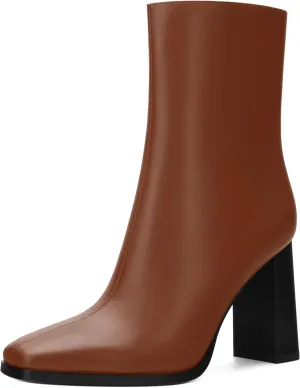Womens Ankle Boots, Square Toe High Heel Short Boots for Women, Fashion Chunky Heel Mid Calf Boots with Side Zipper 3.5 In