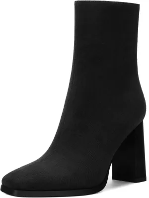 Womens Ankle Boots, Square Toe High Heel Short Boots for Women, Fashion Chunky Heel Mid Calf Boots with Side Zipper 3.5 In