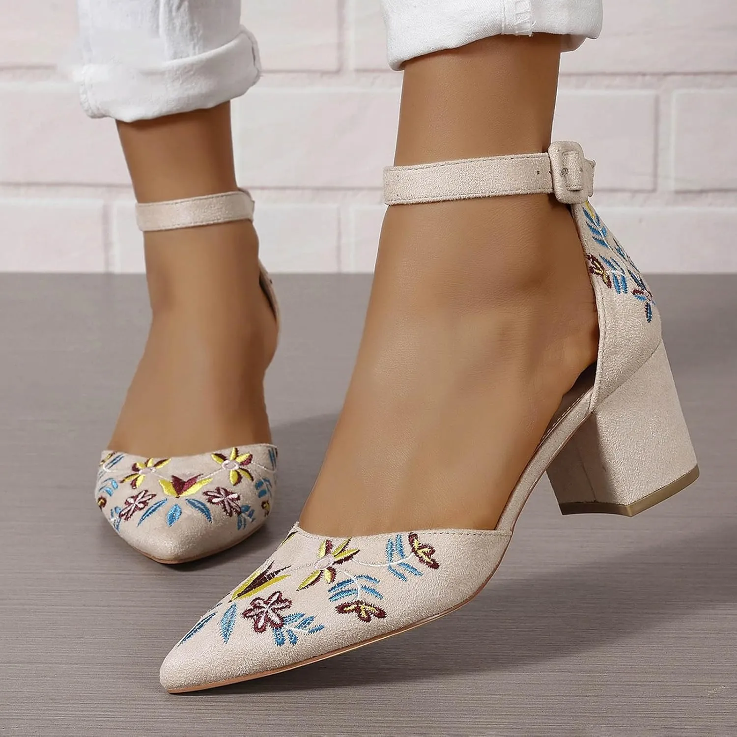 Women's Ankle Strap Pointed Toe Block Heels with Ankle Strap Ladies High Heels Women's Sandals Casual Heels