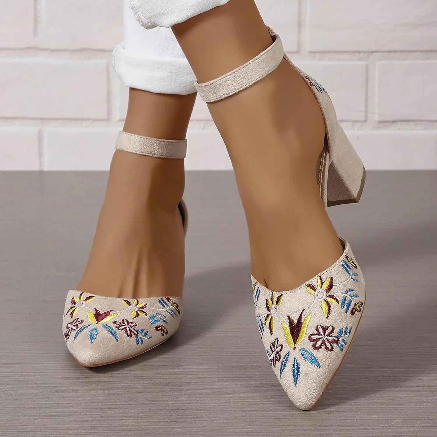 Women's Ankle Strap Pointed Toe Block Heels with Ankle Strap Ladies High Heels Women's Sandals Casual Heels
