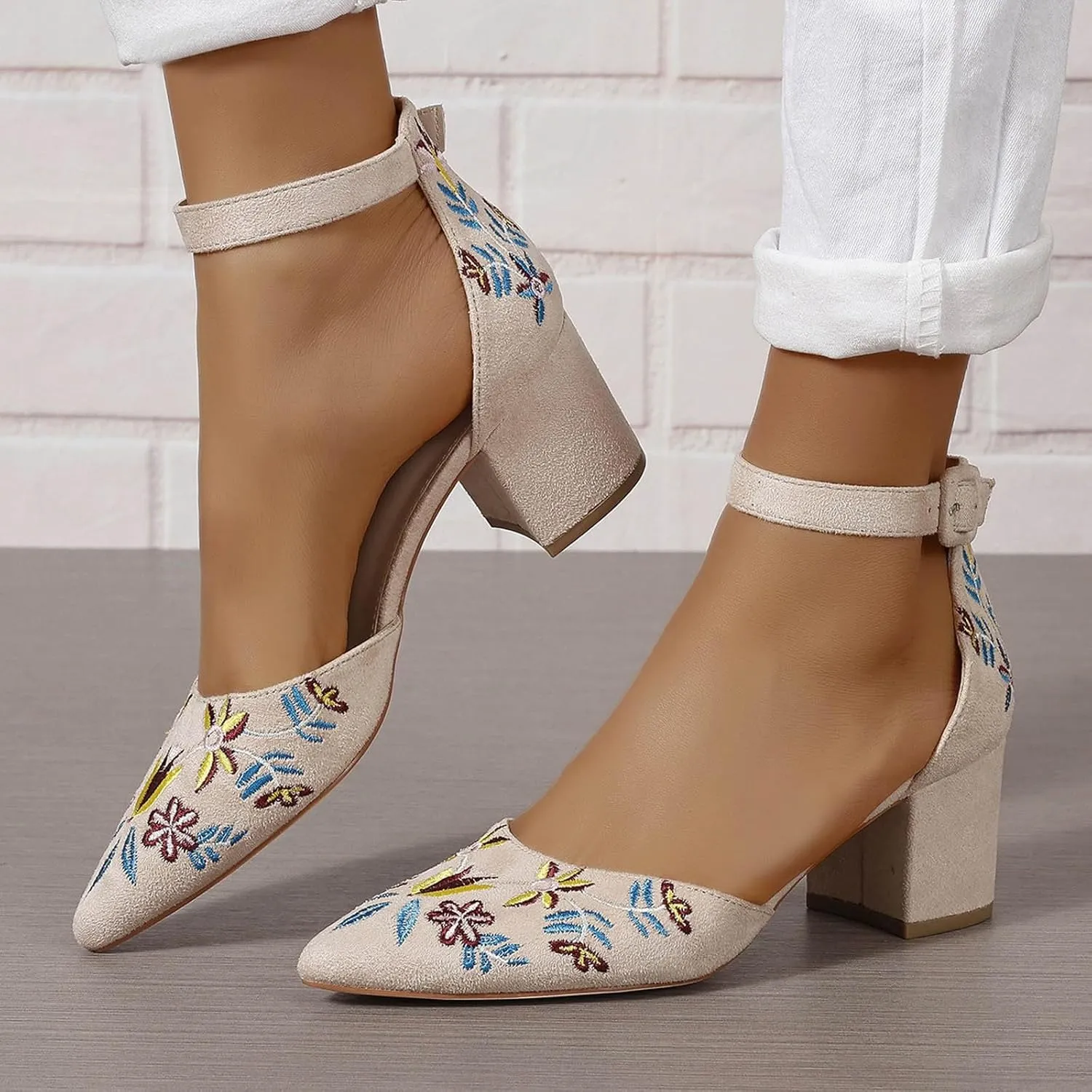 Women's Ankle Strap Pointed Toe Block Heels with Ankle Strap Ladies High Heels Women's Sandals Casual Heels