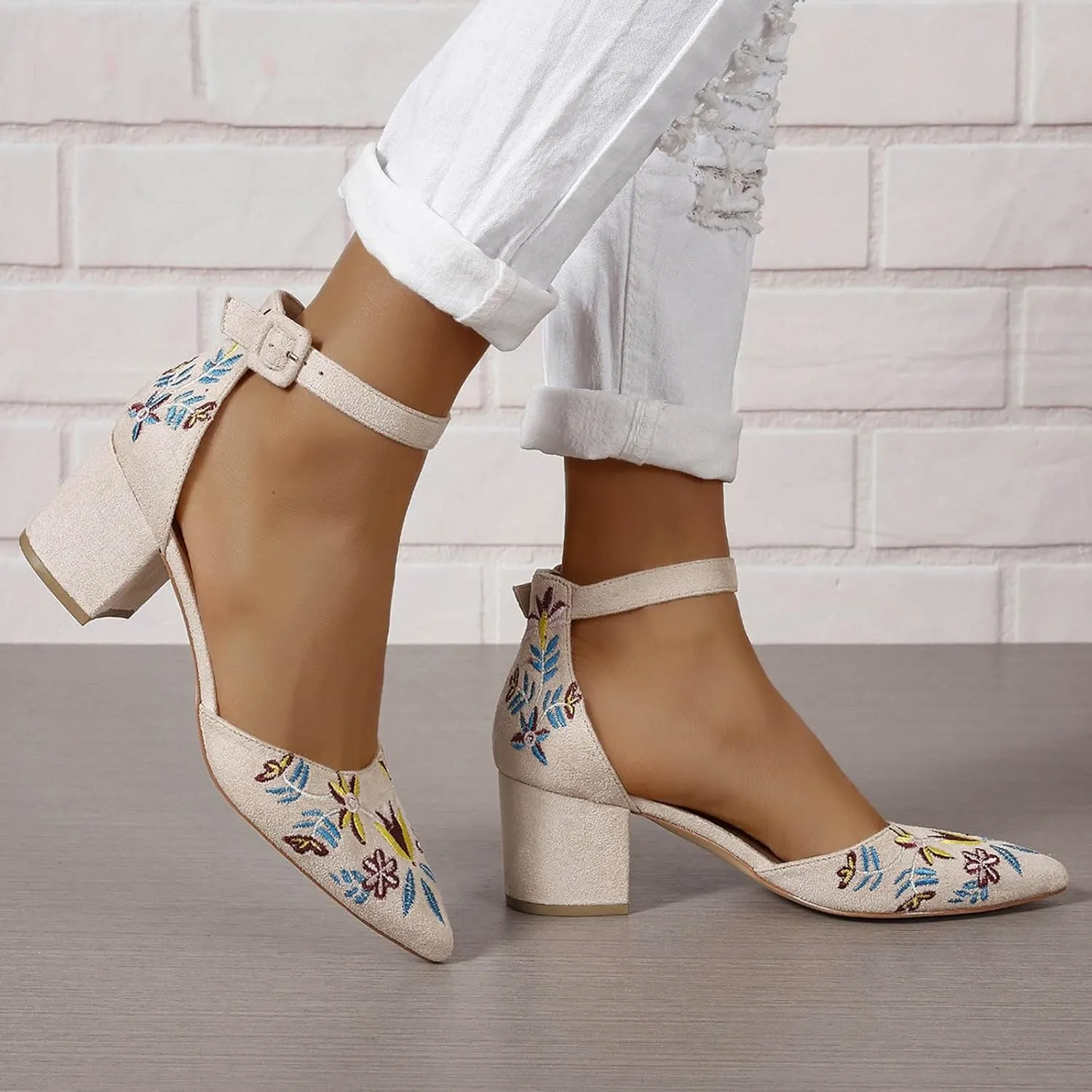 Women's Ankle Strap Pointed Toe Block Heels with Ankle Strap Ladies High Heels Women's Sandals Casual Heels