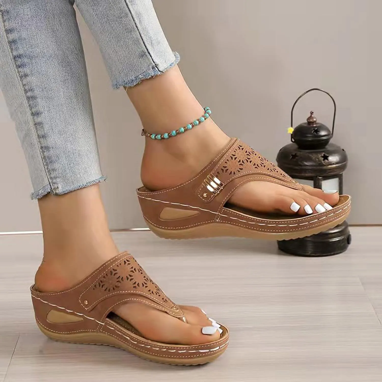 Women’s Arch Support Flowers Clip Toe Sandals Breathable Comfortable Walking Soft Nano-foam Platform Wide Width Wedges
