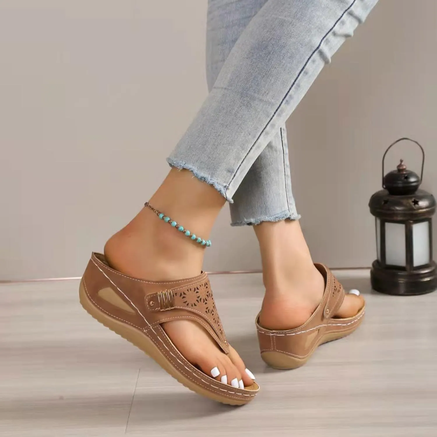 Women’s Arch Support Flowers Clip Toe Sandals Breathable Comfortable Walking Soft Nano-foam Platform Wide Width Wedges