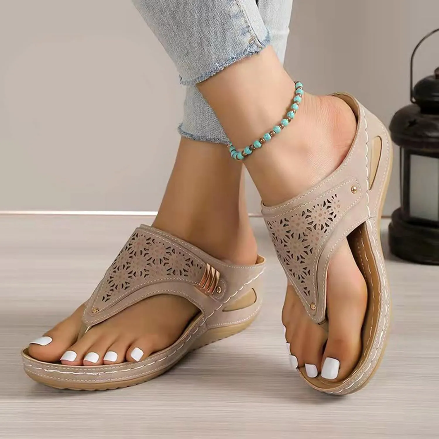Women’s Arch Support Flowers Clip Toe Sandals Breathable Comfortable Walking Soft Nano-foam Platform Wide Width Wedges