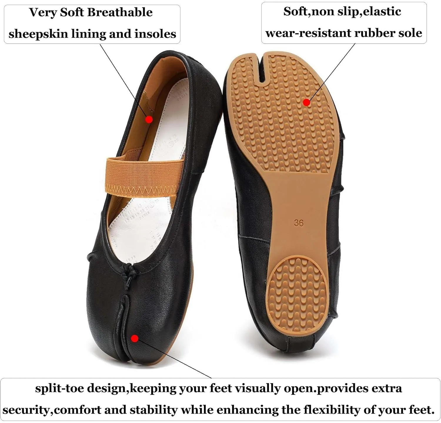 Women's Ballet Flats Tabi Shoes,Split Toe Genuine Leather Slip-On Comfort Walking Shoes Barefoot Design and Foldable with Mary Jane Strap