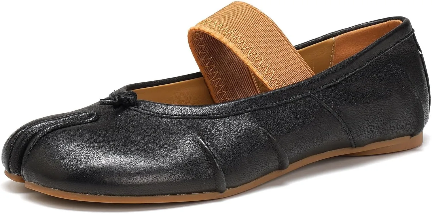 Women's Ballet Flats Tabi Shoes,Split Toe Genuine Leather Slip-On Comfort Walking Shoes Barefoot Design and Foldable with Mary Jane Strap