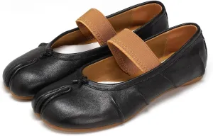 Women's Ballet Flats Tabi Shoes,Split Toe Genuine Leather Slip-On Comfort Walking Shoes Barefoot Design and Foldable with Mary Jane Strap