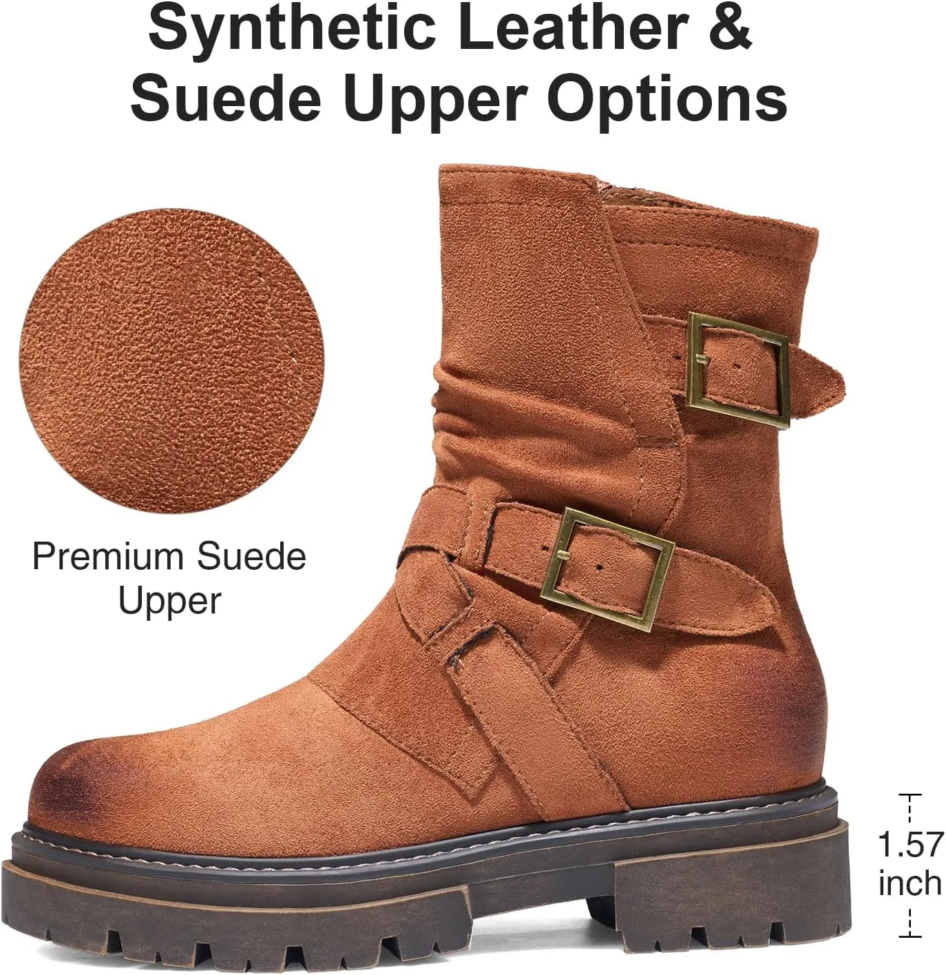 Women's Biker Boots Motorcycle Boots Buckle Mid Calf Boots Low Heel Combat Riding Military Boots for Women