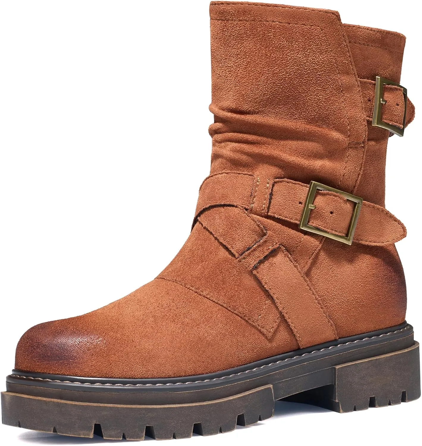 Women's Biker Boots Motorcycle Boots Buckle Mid Calf Boots Low Heel Combat Riding Military Boots for Women