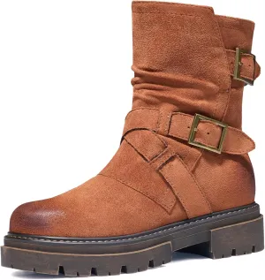 Women's Biker Boots Motorcycle Boots Buckle Mid Calf Boots Low Heel Combat Riding Military Boots for Women