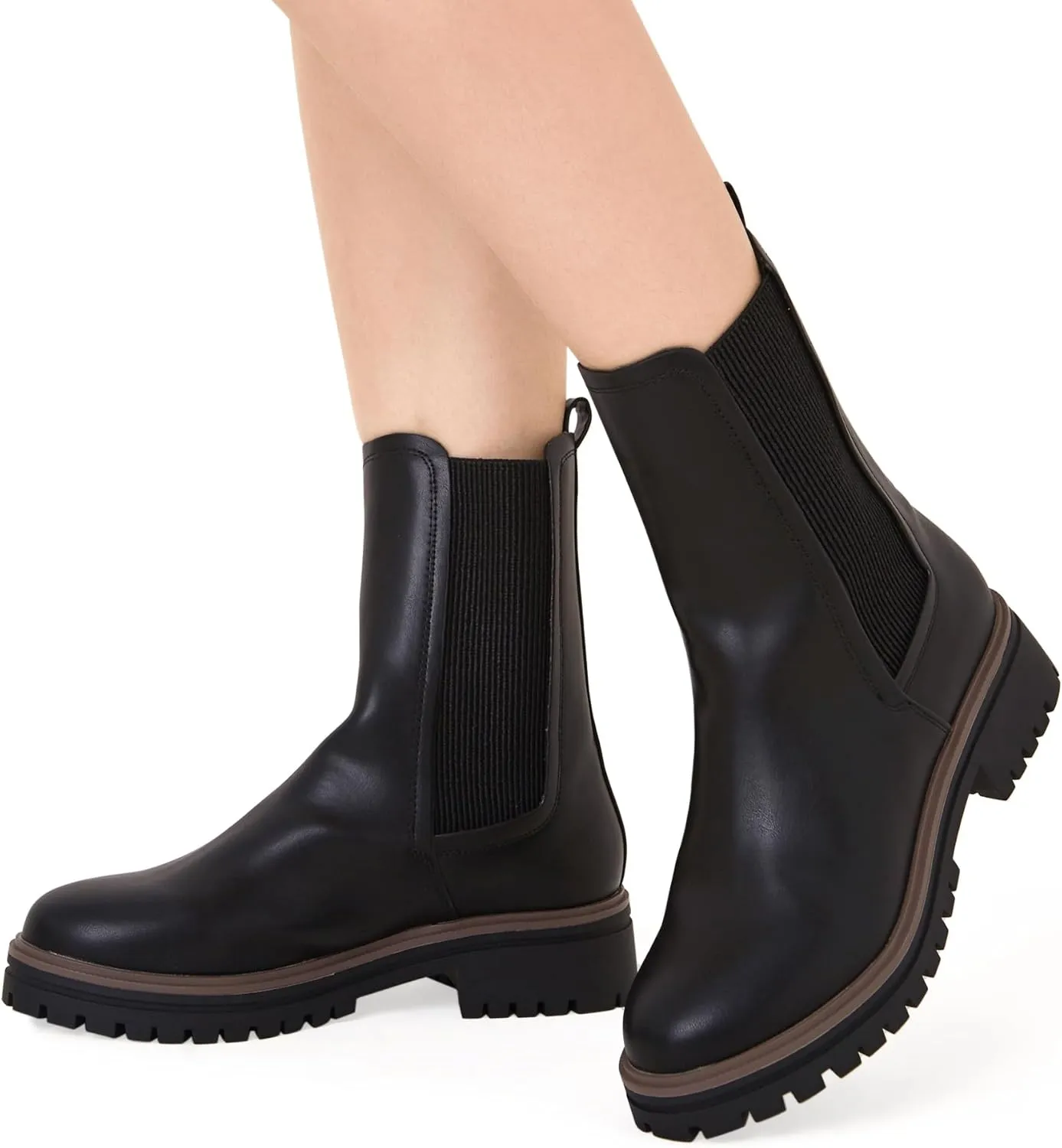 Women's Black Chelsea Platform Ankle Boots Elastic Chunky Heel Lug Sole Booties