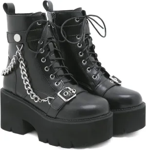 Women's Black Lace up Goth Platform Boots, Chunky Block Ankle Gothic Combat Boots, Cosplay Fashion Punk Boots Shoes