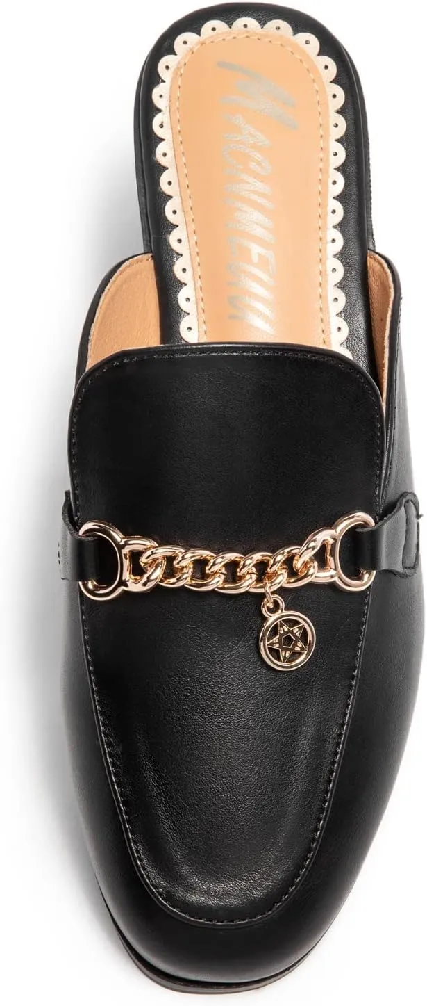 Women's Black Mules: Round Toe, Backless, Slides, Comfortable, Metal Buckle