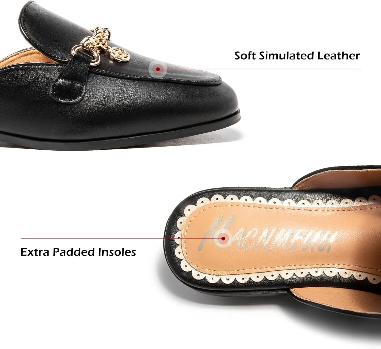 Women's Black Mules: Round Toe, Backless, Slides, Comfortable, Metal Buckle