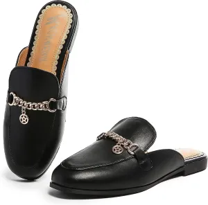 Women's Black Mules: Round Toe, Backless, Slides, Comfortable, Metal Buckle