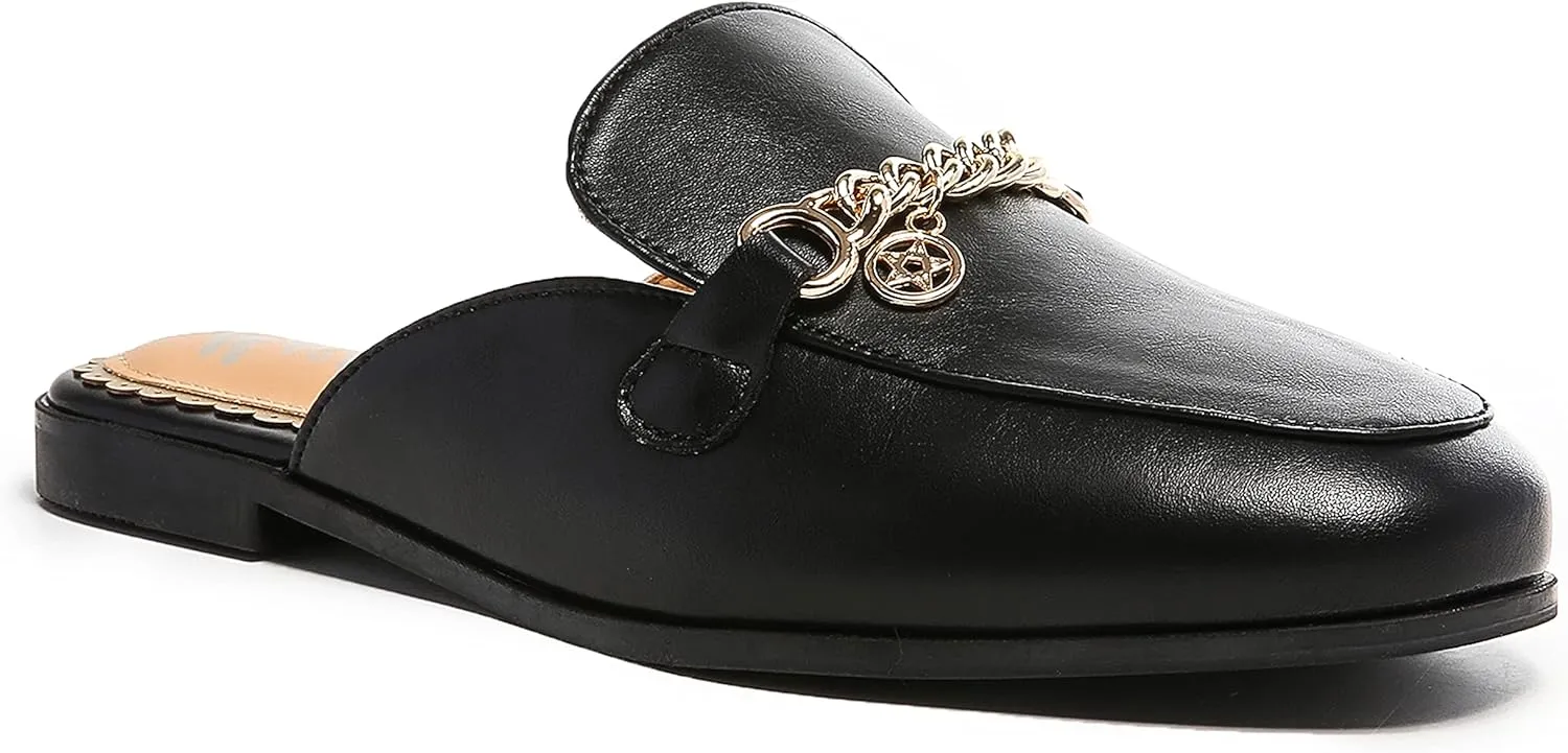 Women's Black Mules: Round Toe, Backless, Slides, Comfortable, Metal Buckle