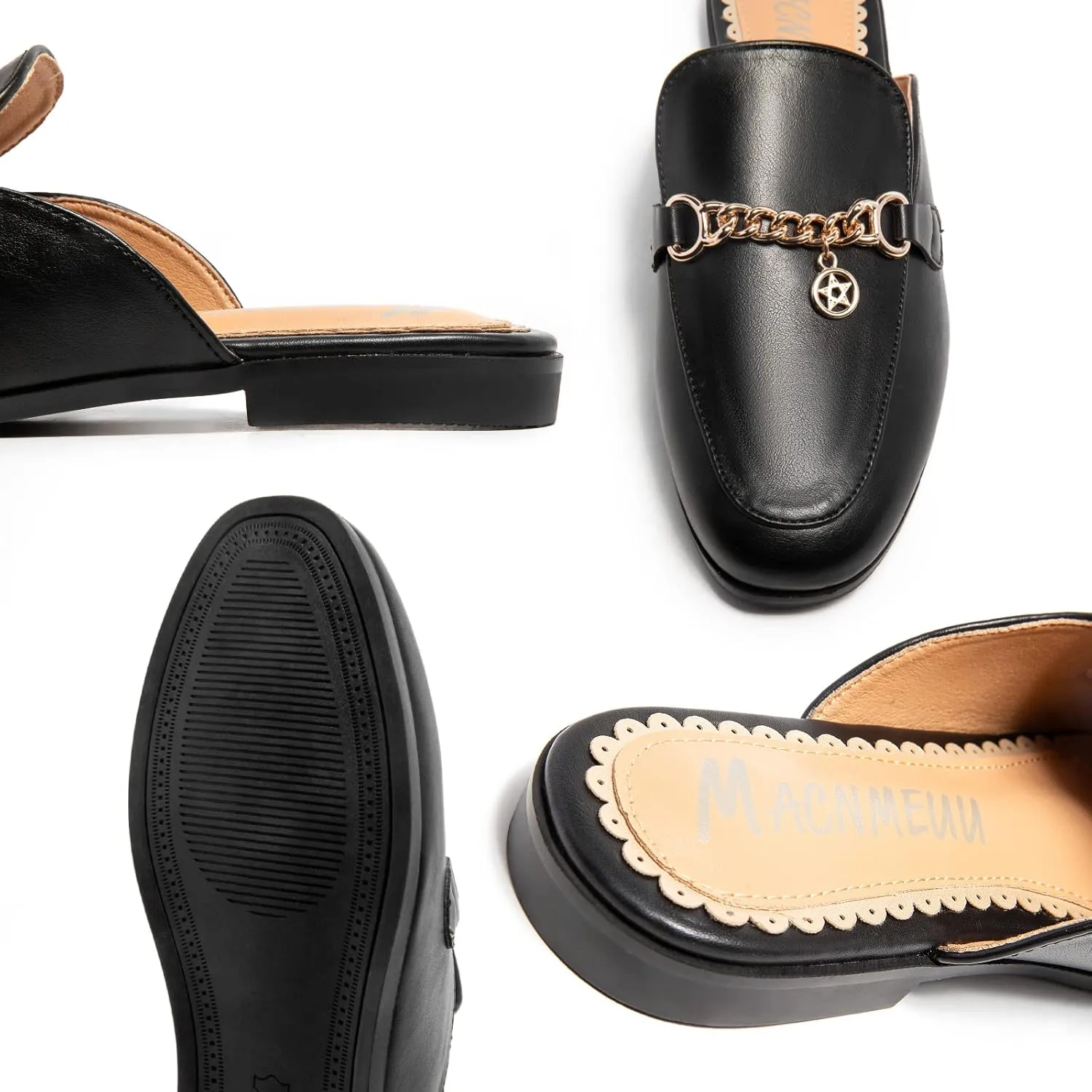Women's Black Mules: Round Toe, Backless, Slides, Comfortable, Metal Buckle