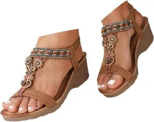 Women's Bohemian Orthopedic Platform Wedge Sandals 2025 Summer Rhinestone Open Toe Slip On Casual Comfortable Dressy Sandals Beach Vacation Outdoor Walking Cushion Shoes with Arch Support