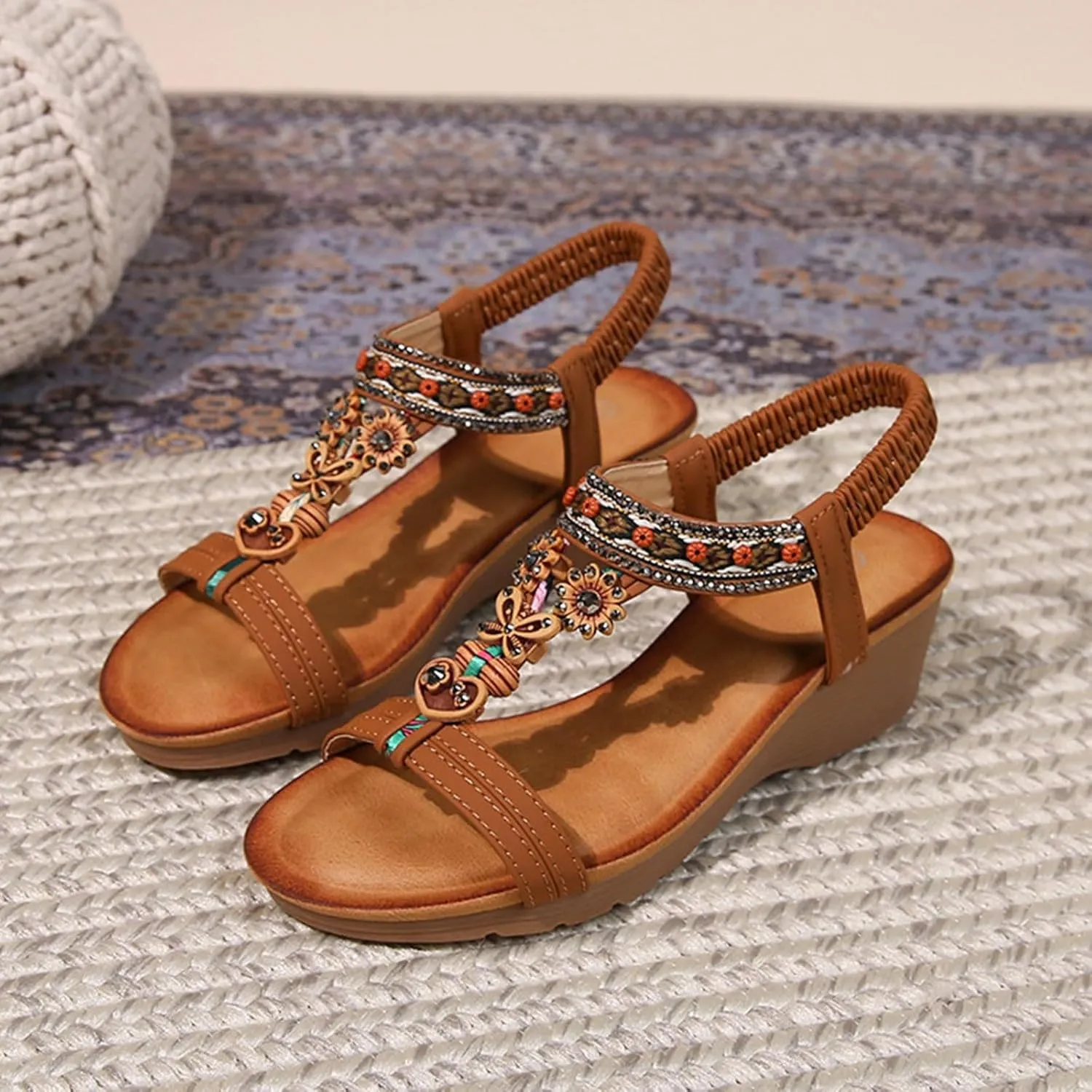 Women's Bohemian Orthopedic Platform Wedge Sandals 2025 Summer Rhinestone Open Toe Slip On Casual Comfortable Dressy Sandals Beach Vacation Outdoor Walking Cushion Shoes with Arch Support
