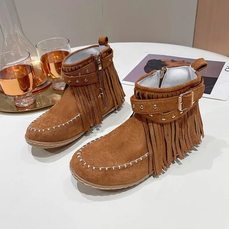 Women's Boots Casual Vintage Side Zipper Fringe Boots,Lightweight Comfy Suede High Top Round Toe Hippie Moccasin Short Booties