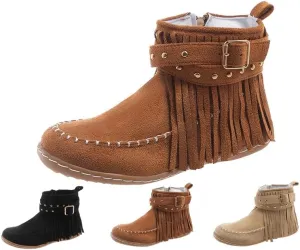 Women's Boots Casual Vintage Side Zipper Fringe Boots,Lightweight Comfy Suede High Top Round Toe Hippie Moccasin Short Booties