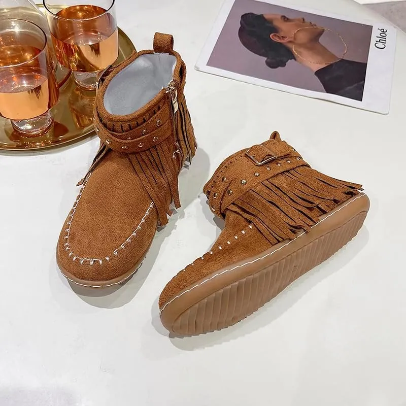Women's Boots Casual Vintage Side Zipper Fringe Boots,Lightweight Comfy Suede High Top Round Toe Hippie Moccasin Short Booties