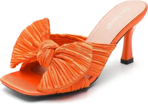 Women's Bow Knot Heeled Sandals Open Toe Low Kitten Heels Mules Sandals Slip On Pleated Wedding Bridal Party Dress Shoes