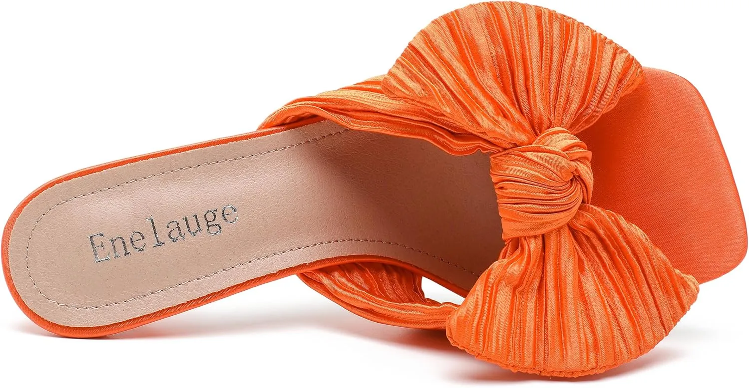 Women's Bow Knot Heeled Sandals Open Toe Low Kitten Heels Mules Sandals Slip On Pleated Wedding Bridal Party Dress Shoes