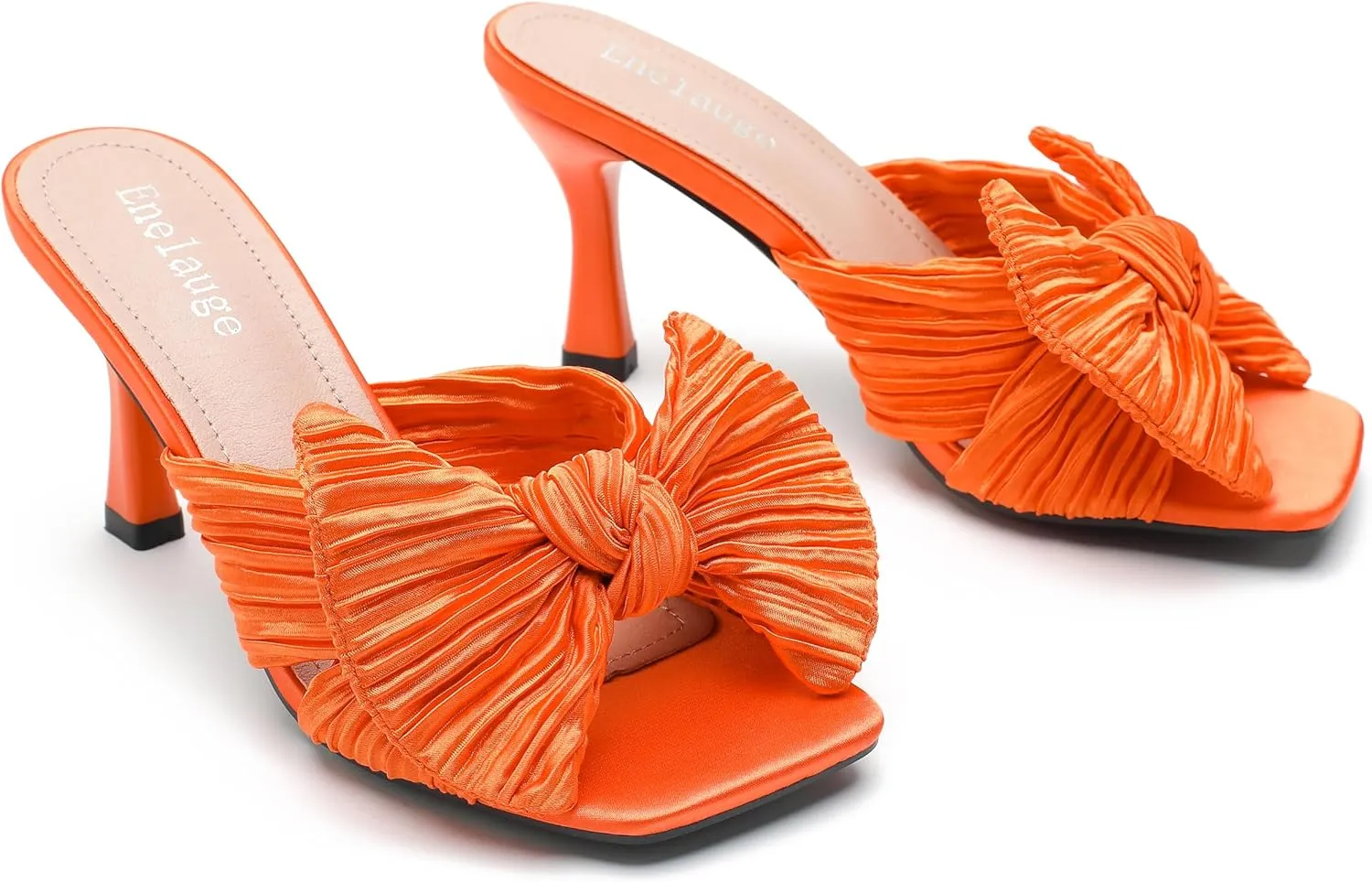 Women's Bow Knot Heeled Sandals Open Toe Low Kitten Heels Mules Sandals Slip On Pleated Wedding Bridal Party Dress Shoes