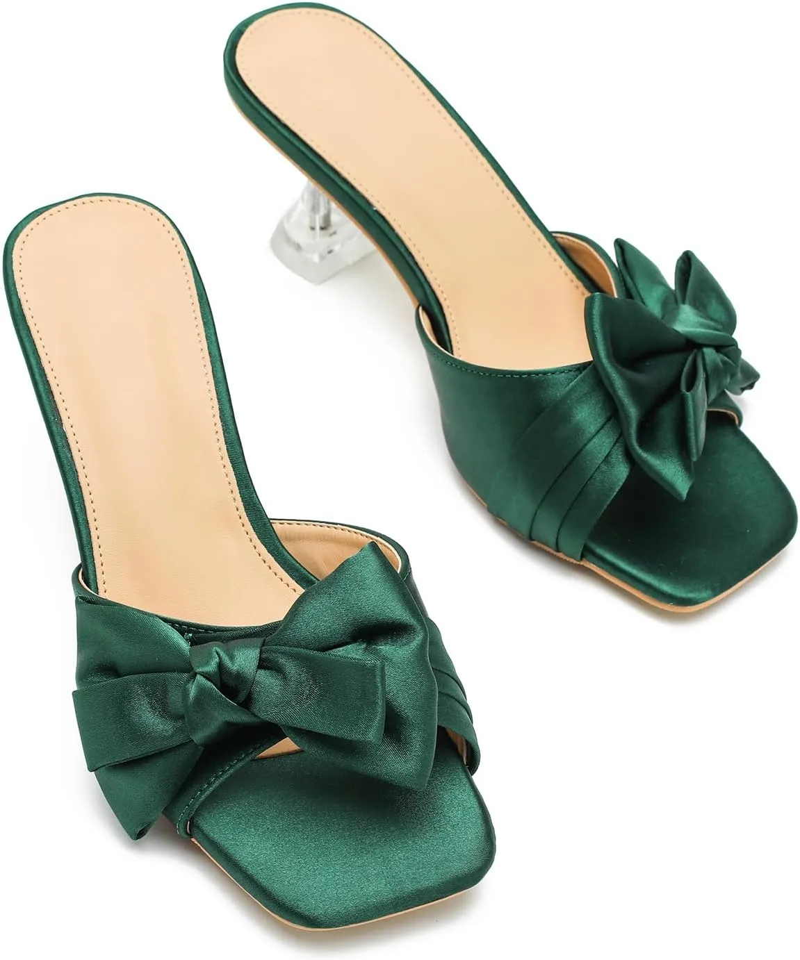 Women's Bowknot Heeled Sandals Square Toe Satin Bow Heels Mules Slipper Slip on Wedding Bridal Dress Shoes