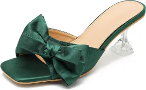 Women's Bowknot Heeled Sandals Square Toe Satin Bow Heels Mules Slipper Slip on Wedding Bridal Dress Shoes