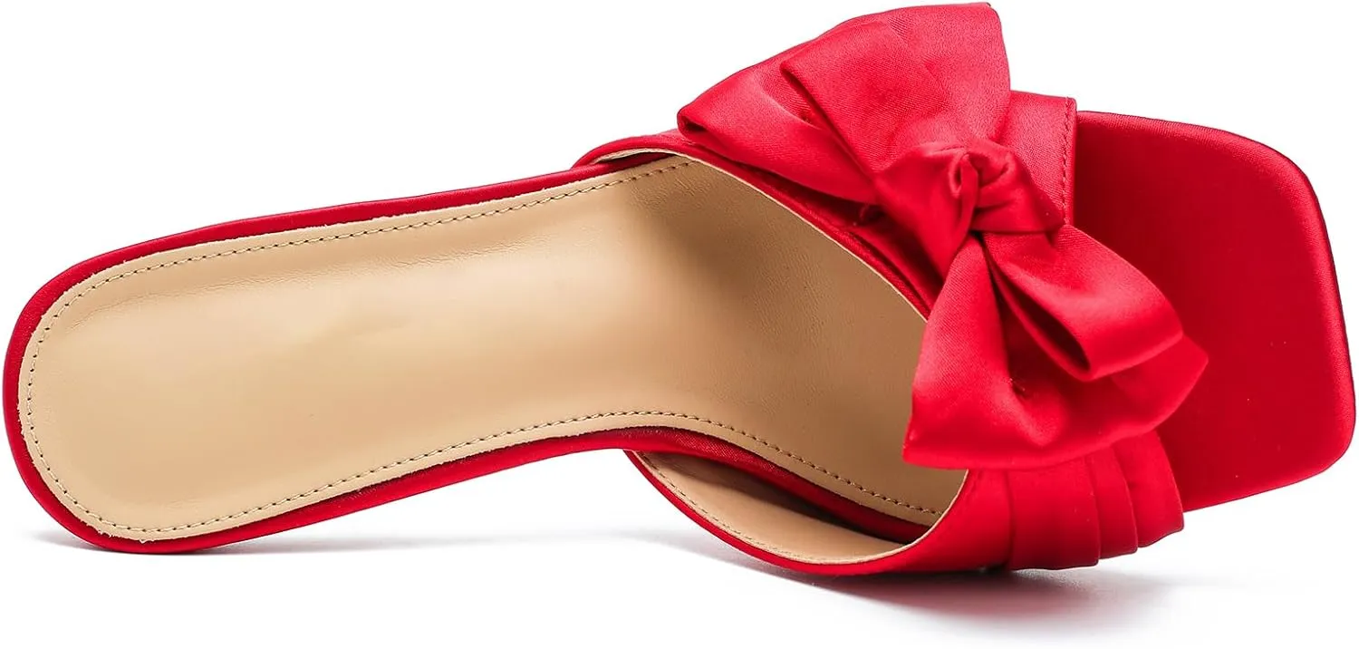 Women's Bowknot Heeled Sandals Square Toe Satin Bow Heels Mules Slipper Slip on Wedding Bridal Dress Shoes