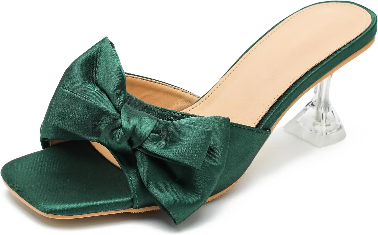 Women's Bowknot Heeled Sandals Square Toe Satin Bow Heels Mules Slipper Slip on Wedding Bridal Dress Shoes