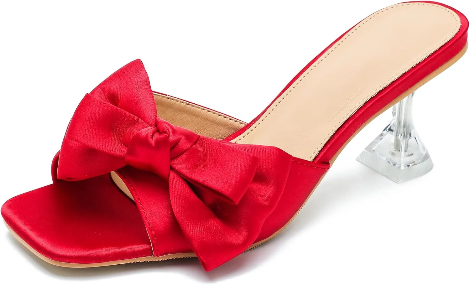 Women's Bowknot Heeled Sandals Square Toe Satin Bow Heels Mules Slipper Slip on Wedding Bridal Dress Shoes