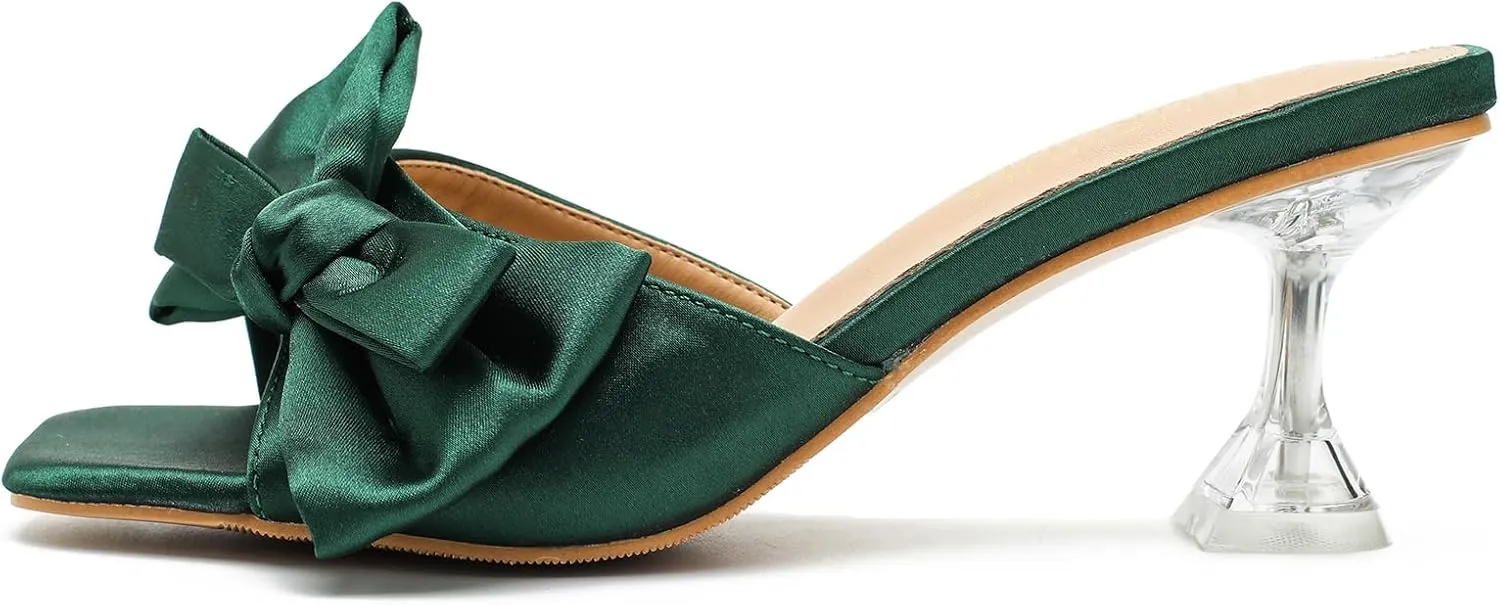 Women's Bowknot Heeled Sandals Square Toe Satin Bow Heels Mules Slipper Slip on Wedding Bridal Dress Shoes