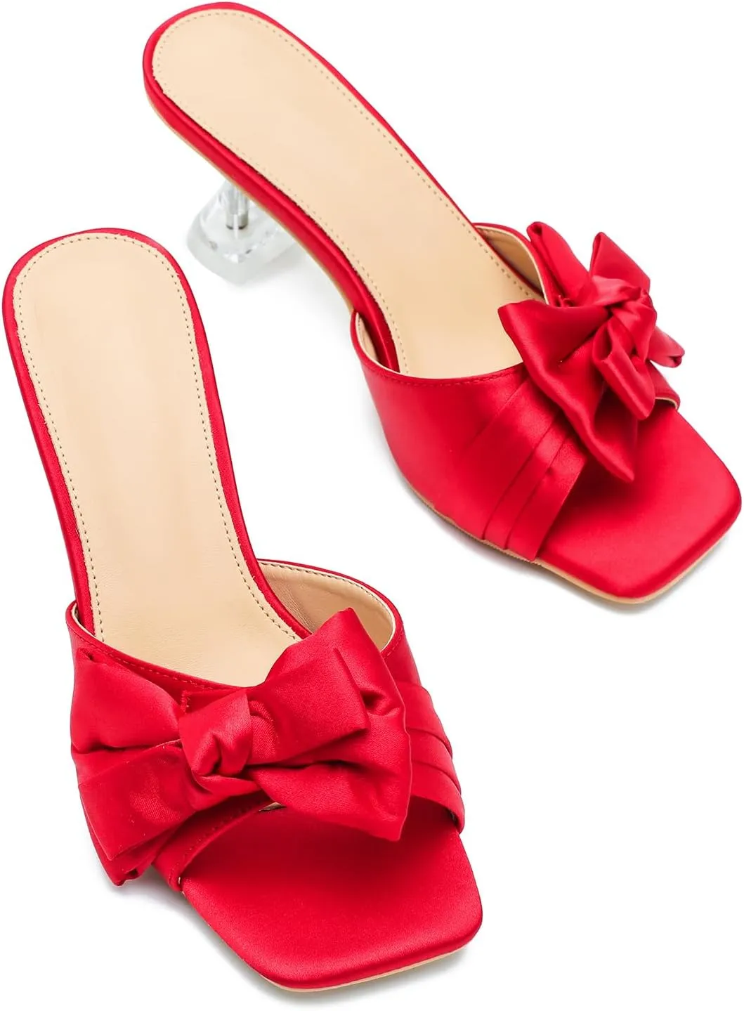 Women's Bowknot Heeled Sandals Square Toe Satin Bow Heels Mules Slipper Slip on Wedding Bridal Dress Shoes