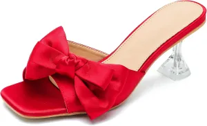 Women's Bowknot Heeled Sandals Square Toe Satin Bow Heels Mules Slipper Slip on Wedding Bridal Dress Shoes